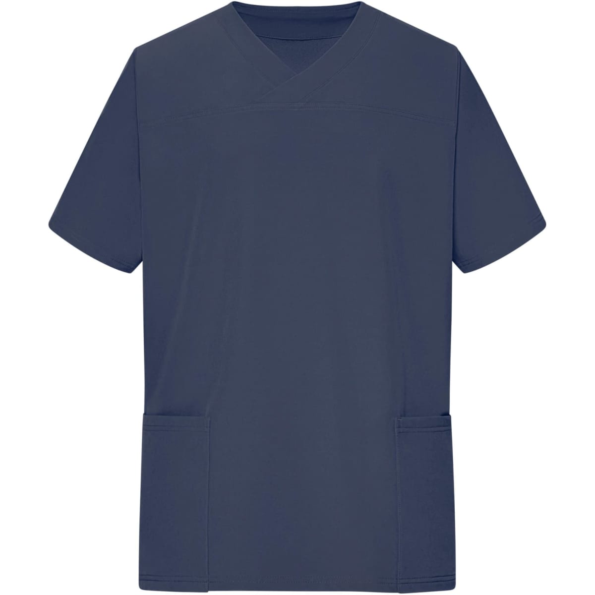 A navy blue men's stretch casack tunic featuring a v-neck and two front pockets. It includes a logo.