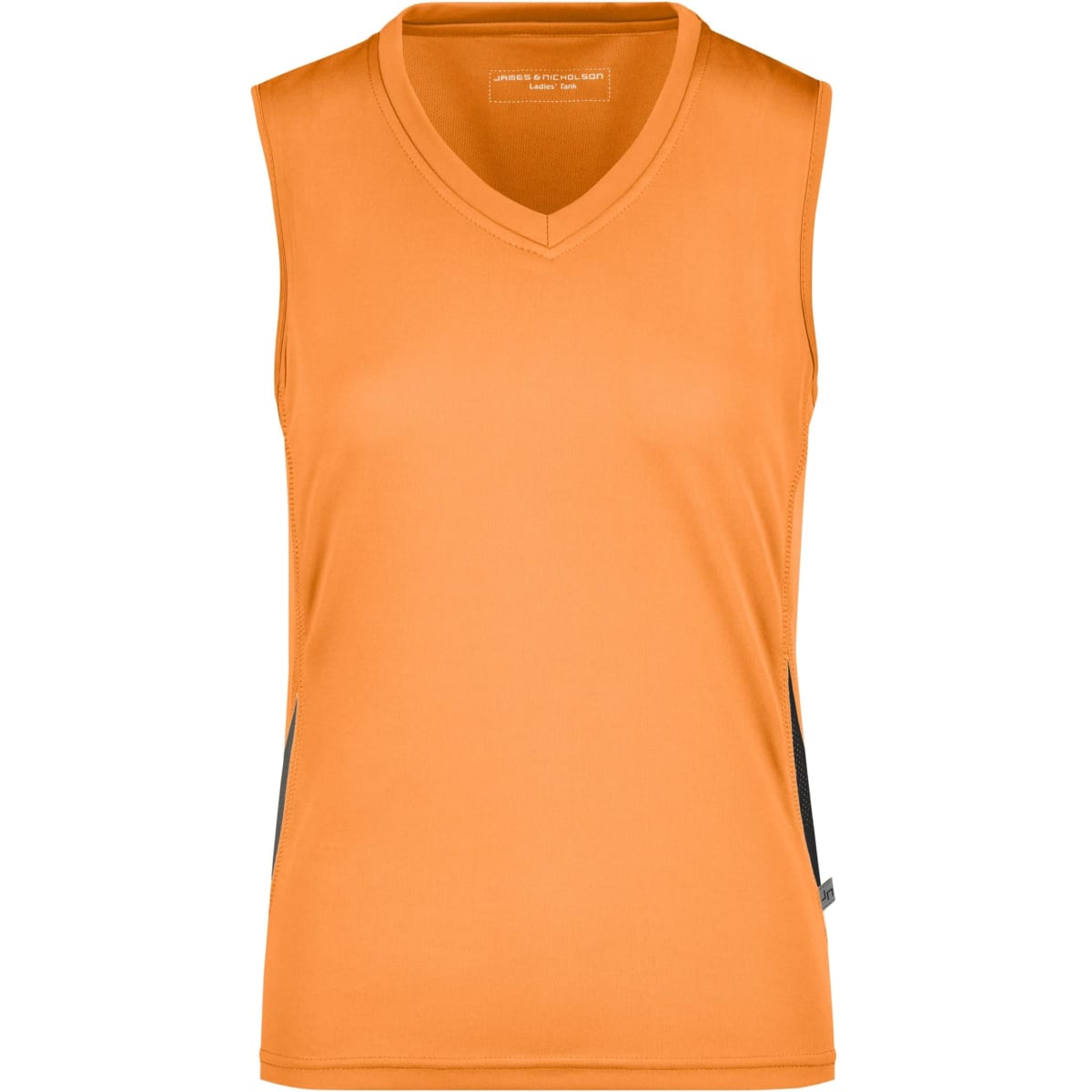 An orange sleeveless running tank with a V-neckline, featuring a logo on the side.