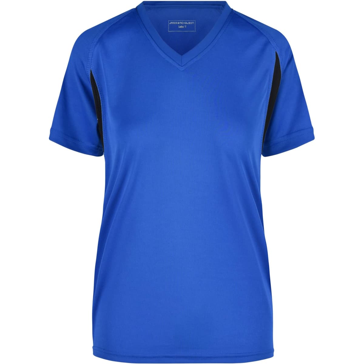 A blue ladies' running T-shirt with short sleeves and black accents, featuring a logo.