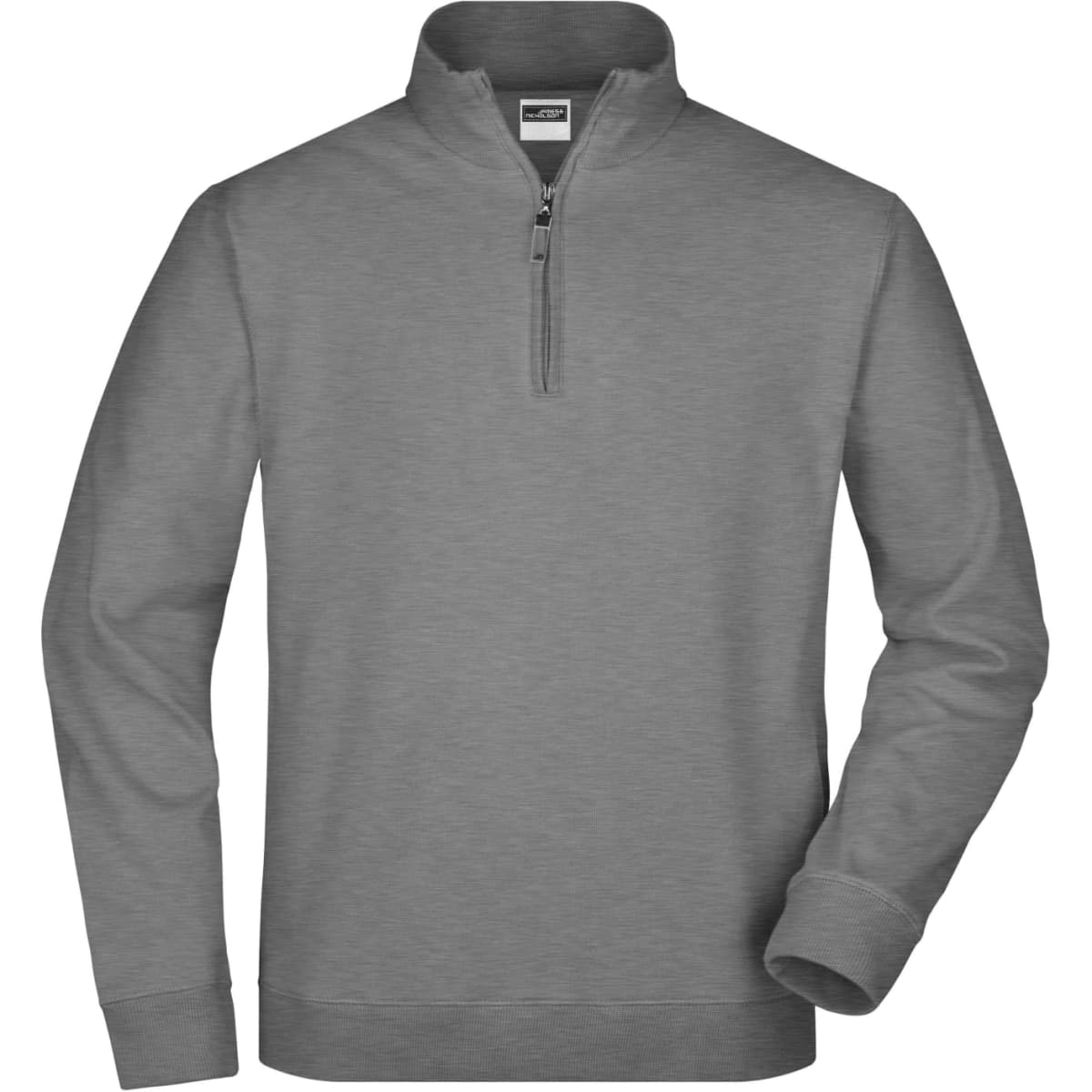 A grey round-neck zip jumper featuring a half-zip closure and long sleeves, with a logo on the label.
