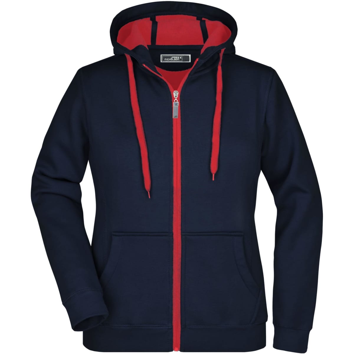 A navy blue ladies doubleface jacket with a red hood and zip, featuring a front zipper and pockets.