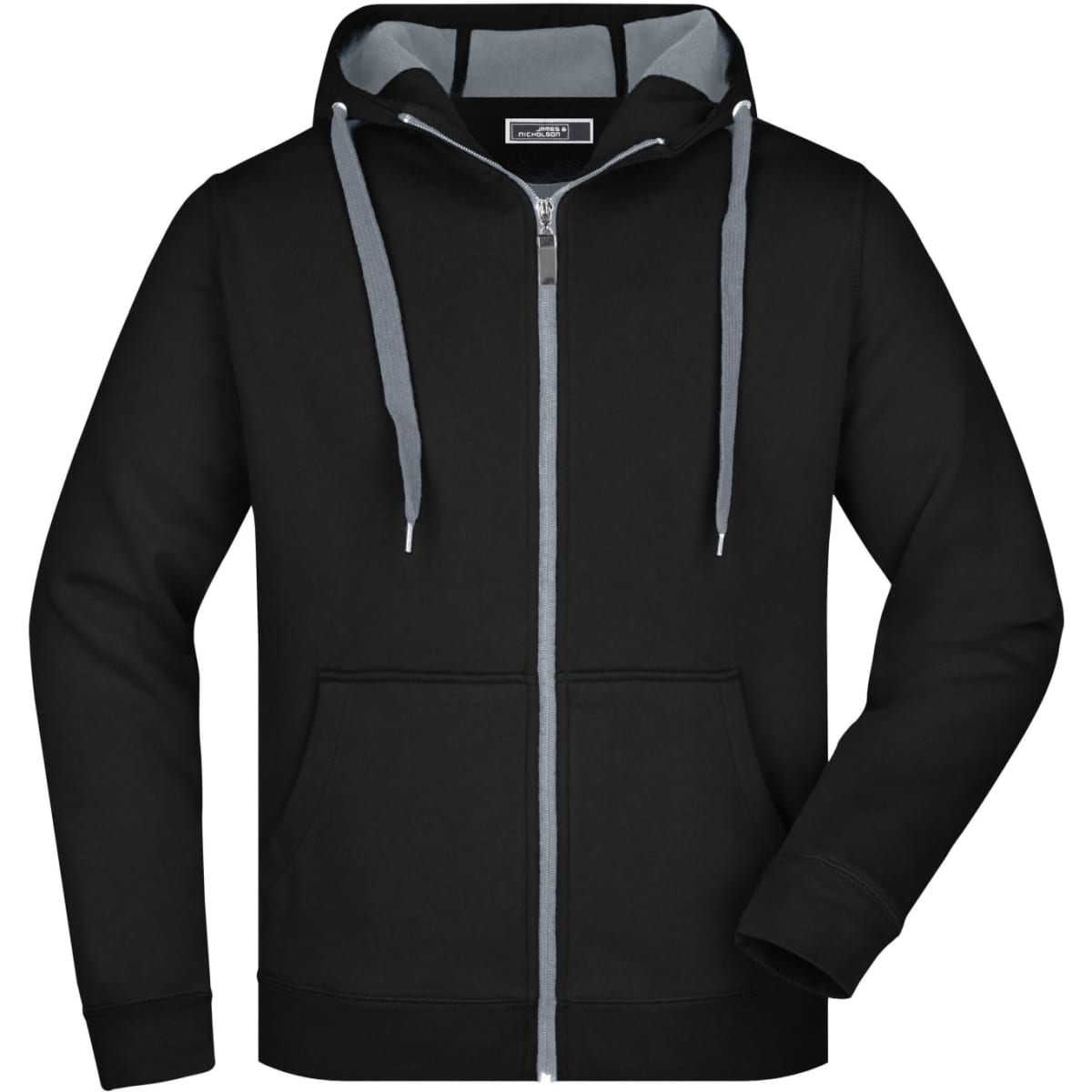 A black men's doubleface jacket with a grey hood lining and drawstrings, featuring a zip closure and front pockets.