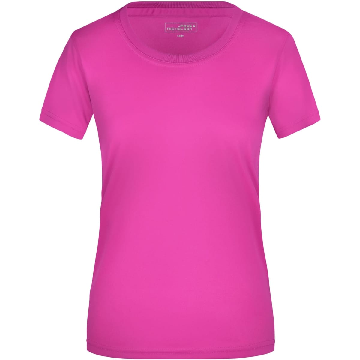 A pink ladies T-shirt with a round neckline and short sleeves, featuring a logo on the neckline.
