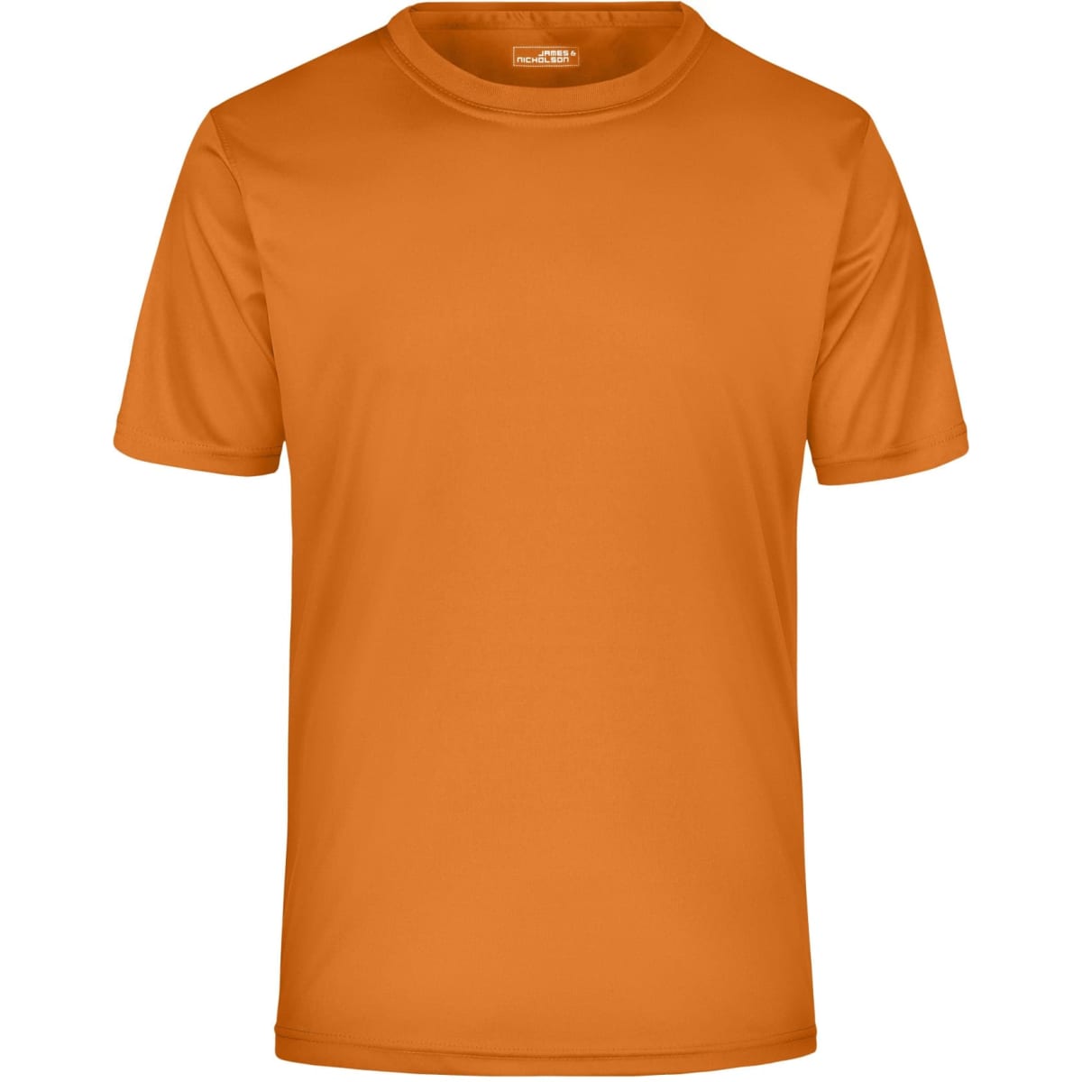 An orange men's T-shirt with a round neck and short sleeves. The shirt features a logo on the label.
