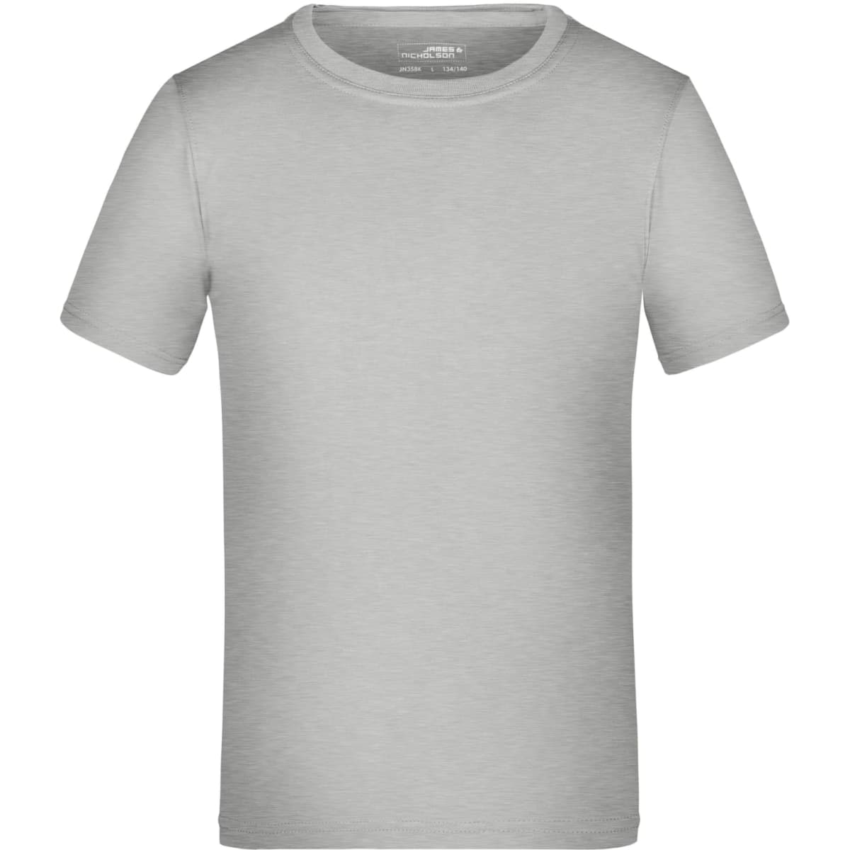 A grey short-sleeved T-shirt with a round neck and a logo on the inside label.