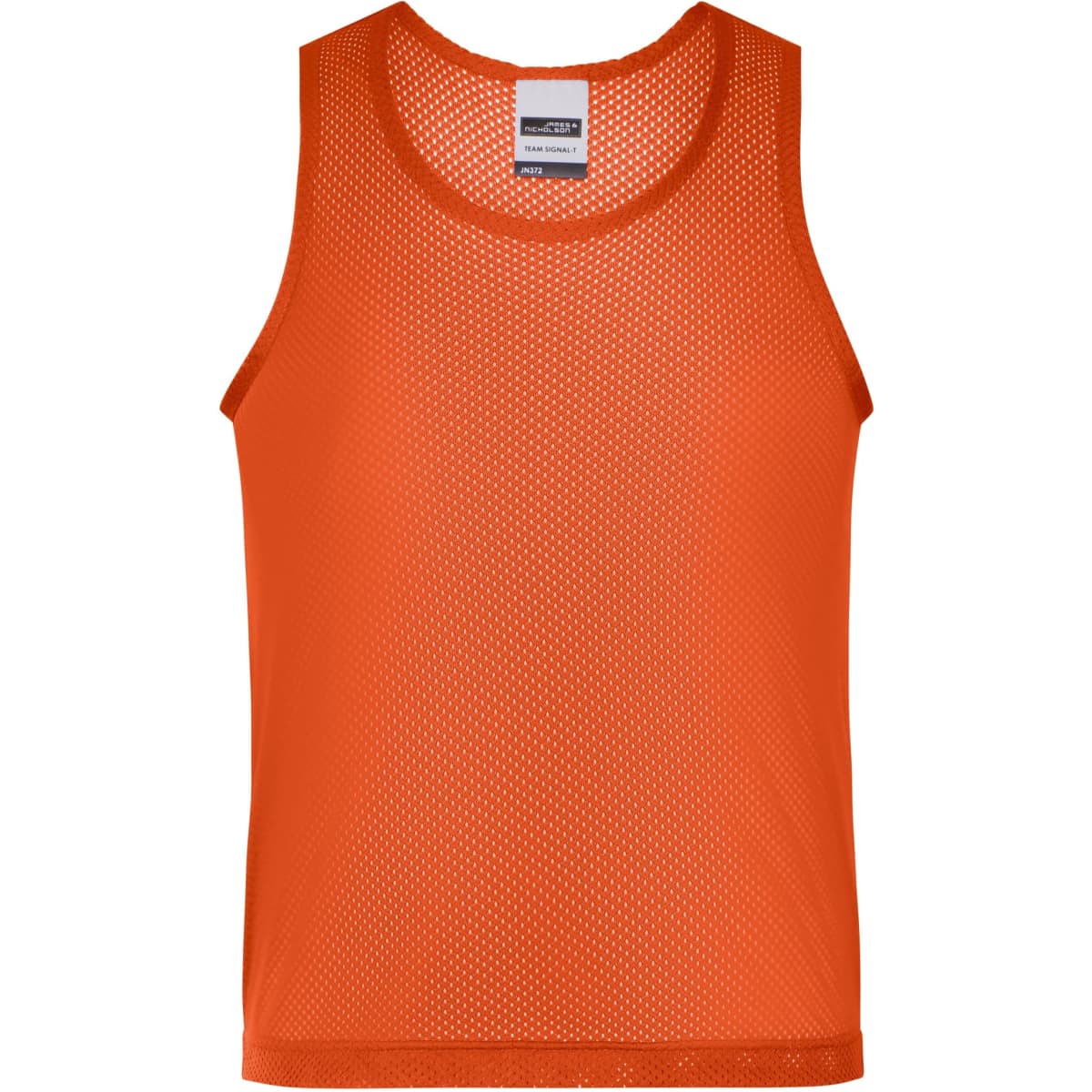 An orange mesh tank top with a round neckline and no sleeves, featuring a label inside.
