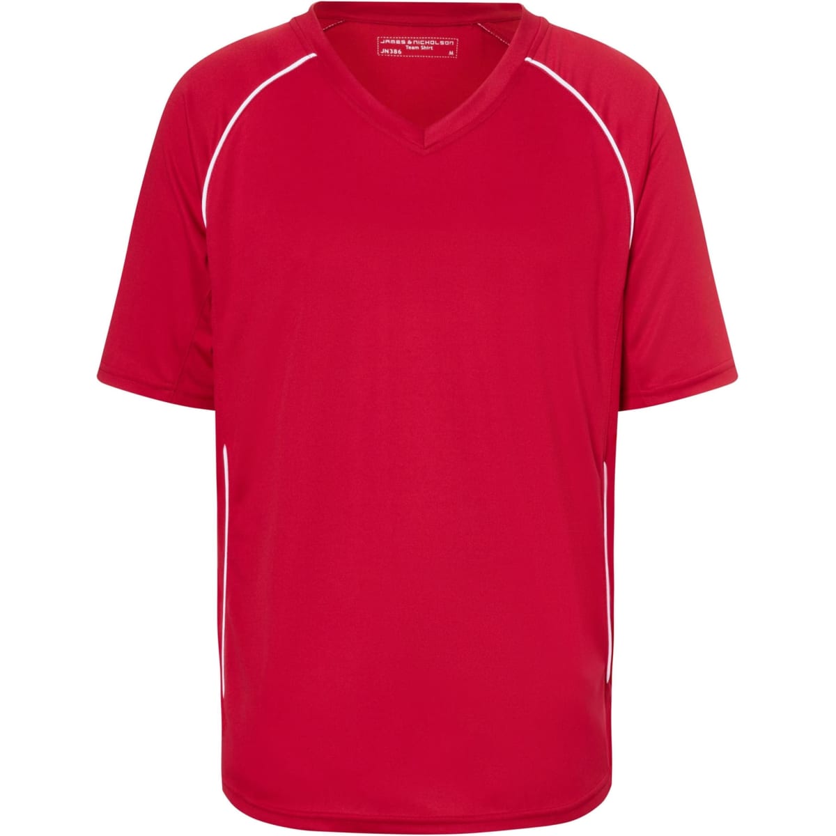 A red v-neck t-shirt with white accents and short sleeves. The shirt has a branded logo.
