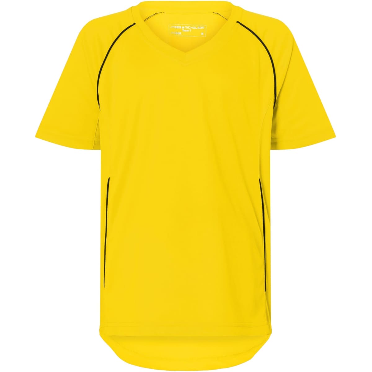 A bright yellow T-shirt with black accent lines, featuring a V-neck design and short sleeves.