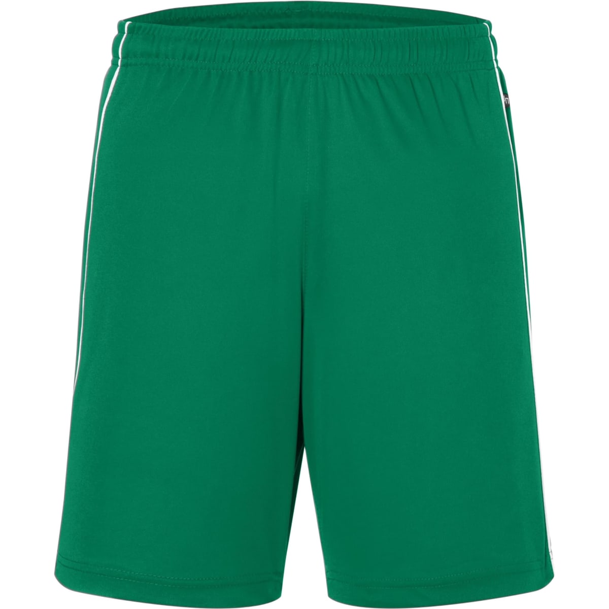 Green sports shorts with a loose fit and contrasting side stripes. Features a logo on one side.