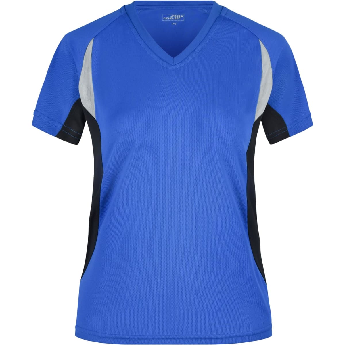 A blue ladies' running T-shirt with grey and black accents, featuring a V-neck and short sleeves, has a logo.