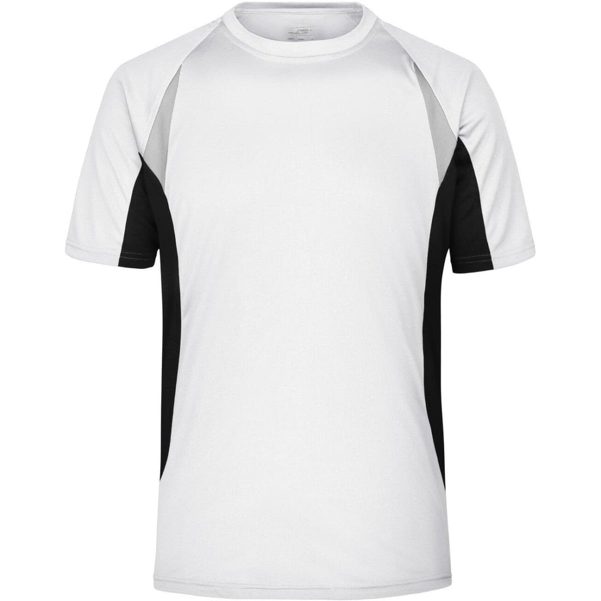 A men's running T-shirt featuring a white body with black and grey accents, and a logo on the front.