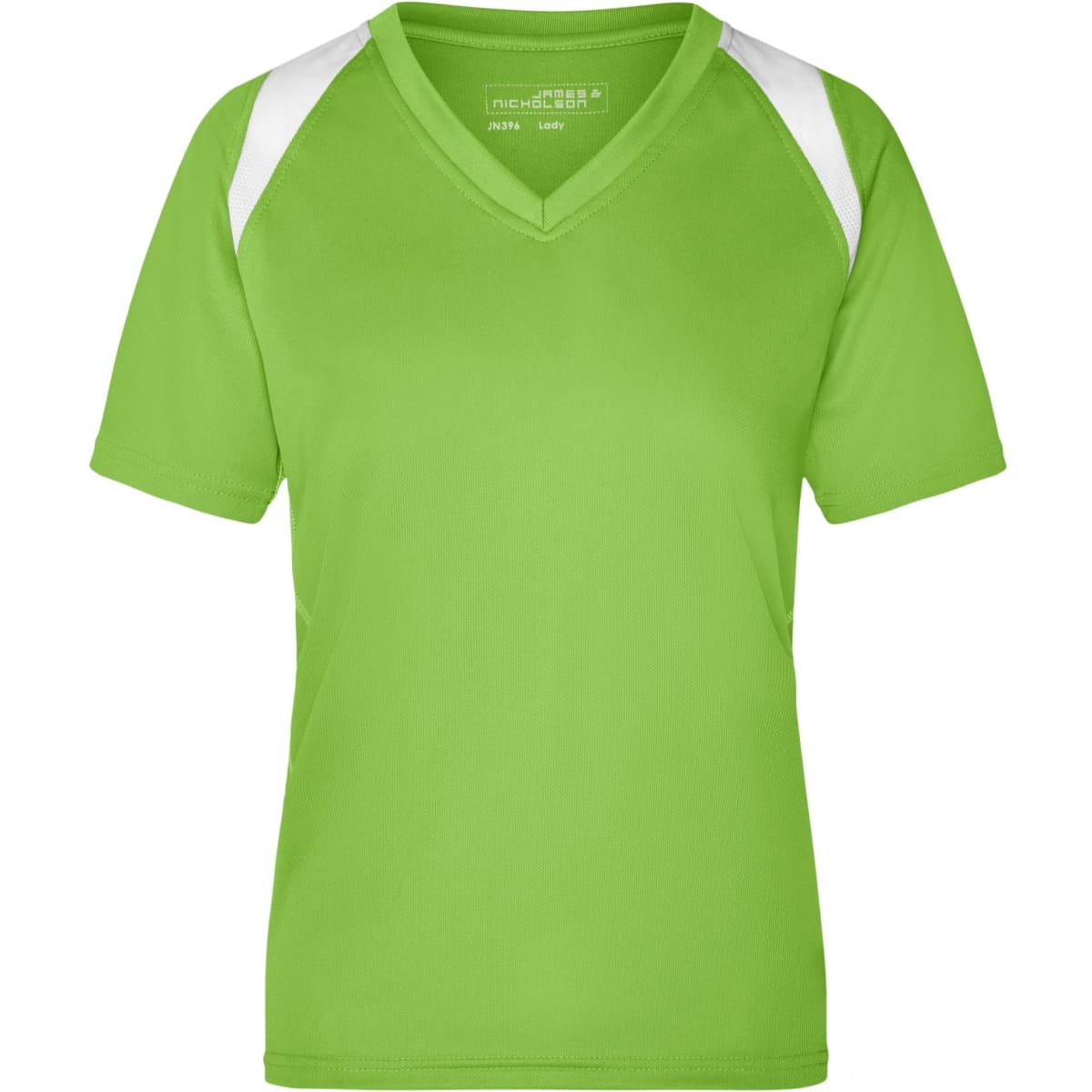 A vibrant green Ladies Running-T featuring white accents on the shoulders. The shirt has a v-neck design and a logo.