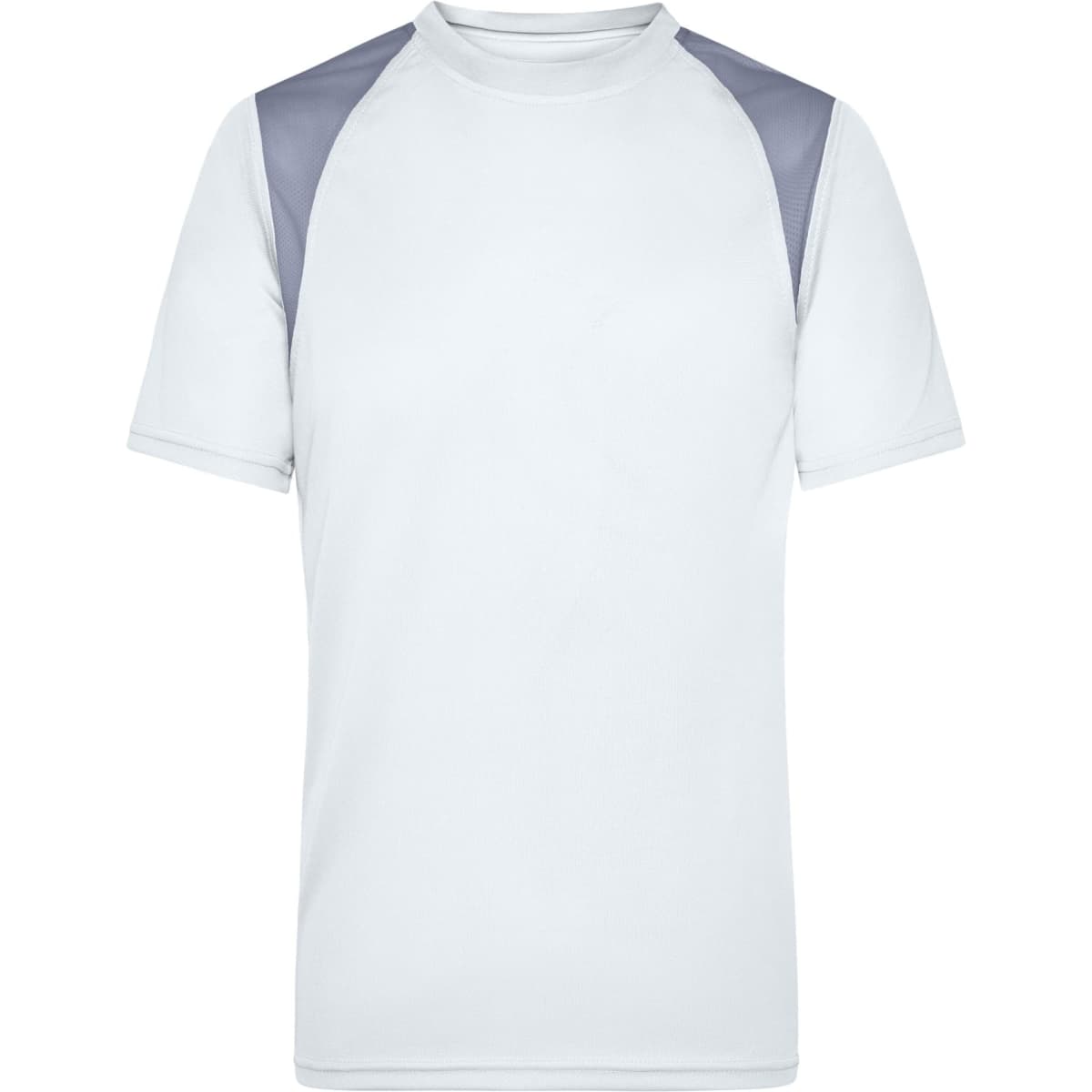 A light grey men's running T-shirt featuring grey shoulder panels and a logo on the chest.