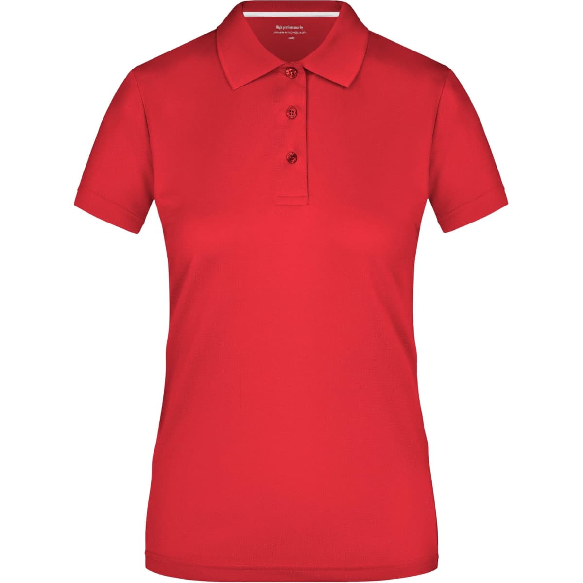A ladies red polo shirt with a classic collar and three buttons, featuring a small logo.