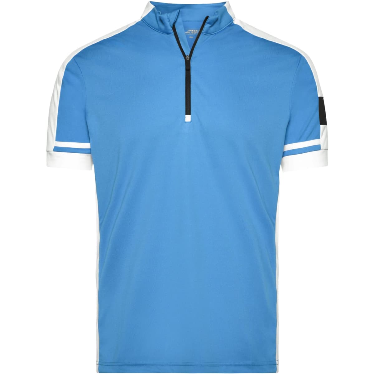 A blue half-zip t-shirt featuring white stripes on the sleeves and a logo.