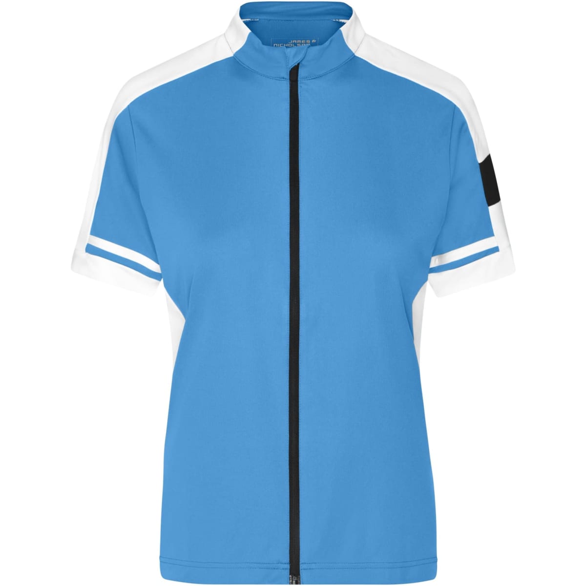 A blue and white full zip cycling shirt with a collar and black accents. It features a branding logo.