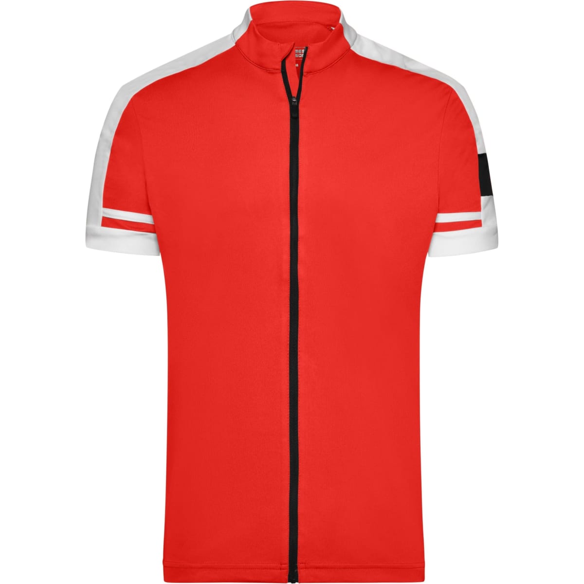 A red short-sleeve zip-up shirt with white accents and a logo on the sleeve.