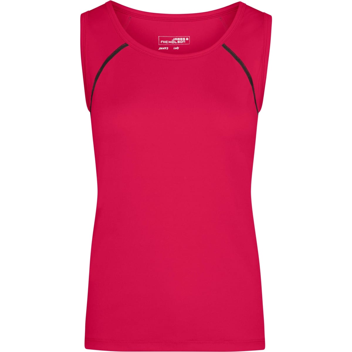 A bright red ladies sports tank top with black accents and a small logo. Suitable for activewear.