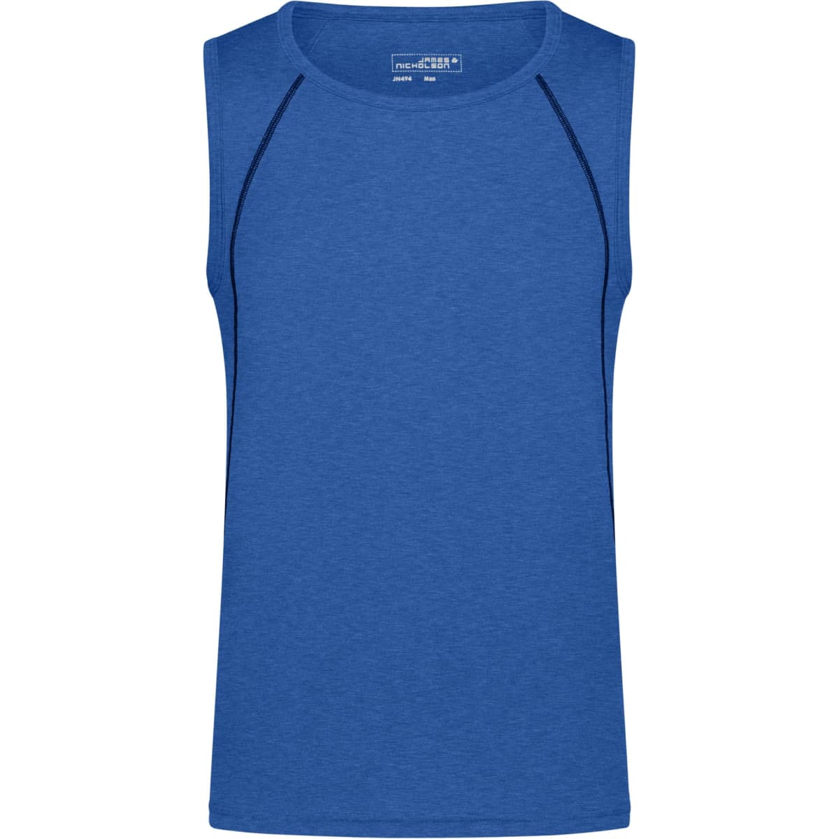 A blue men's sports tank top with a simple design and a logo. The fabric appears lightweight and smooth.