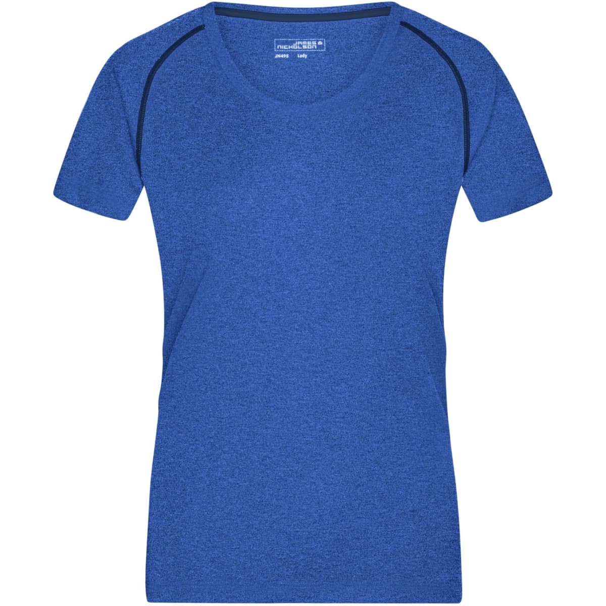 A blue ladies sports T-shirt featuring short sleeves and contrasting trim, suitable for athletic wear.
