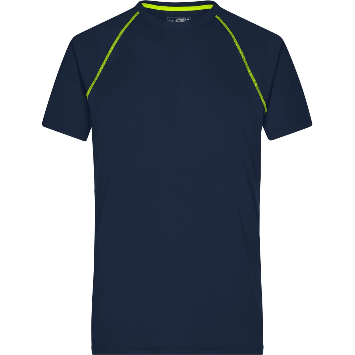 A navy men's sports t-shirt with green accents and a logo on the neckline. Short sleeves and a classic fit.