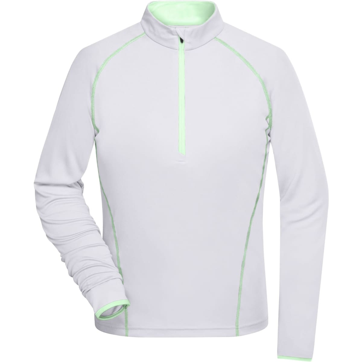 A long-sleeved, zip-up ladies sports shirt in white with mint green accents and a logo.