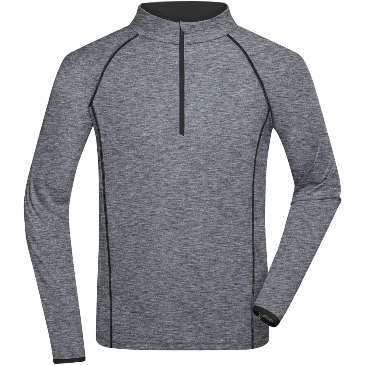 A grey long-sleeve sports shirt featuring a quarter zip and contrasting black piping. It has a logo on the chest.