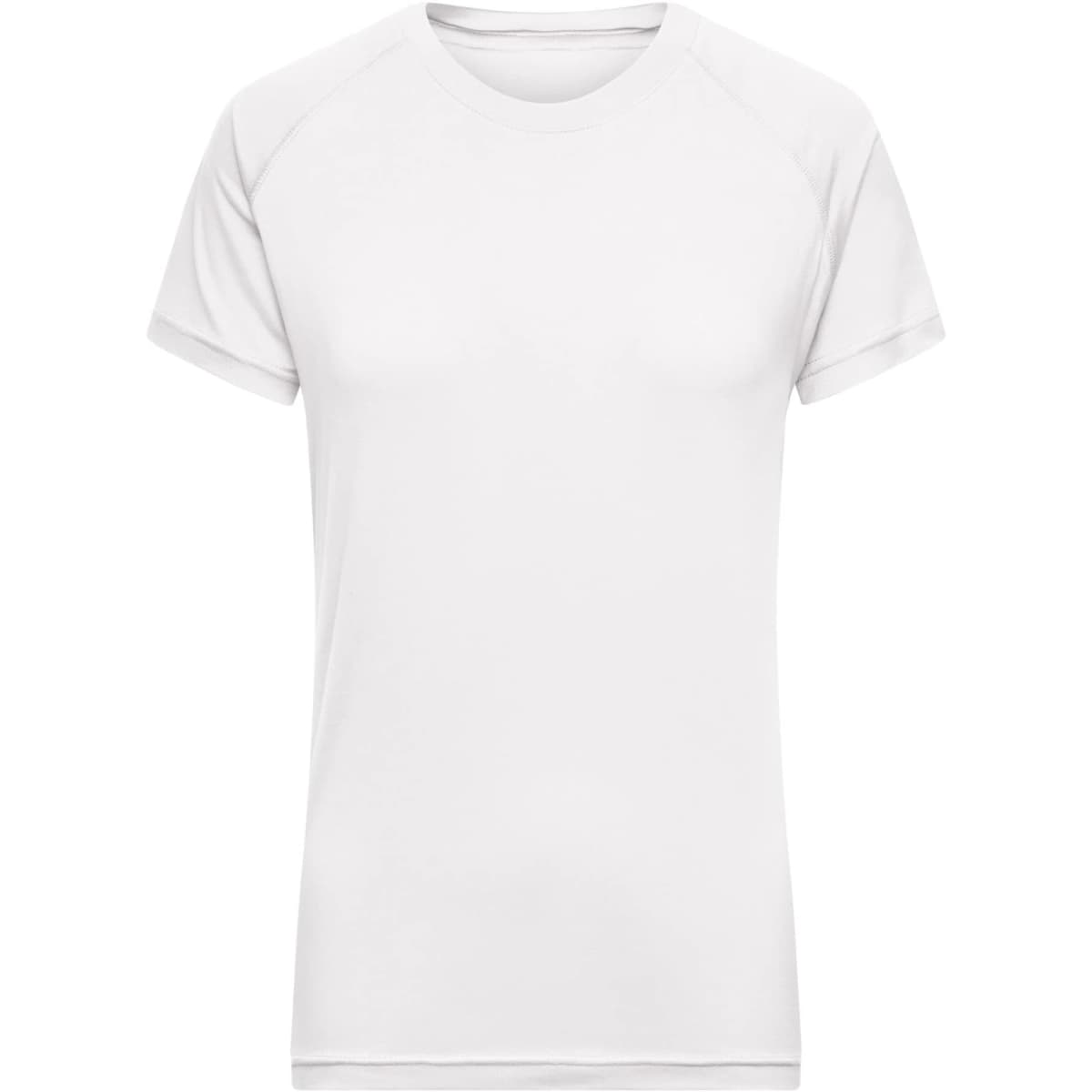 A white ladies' T-shirt with short sleeves, featuring a fitted design and a logo on the front.