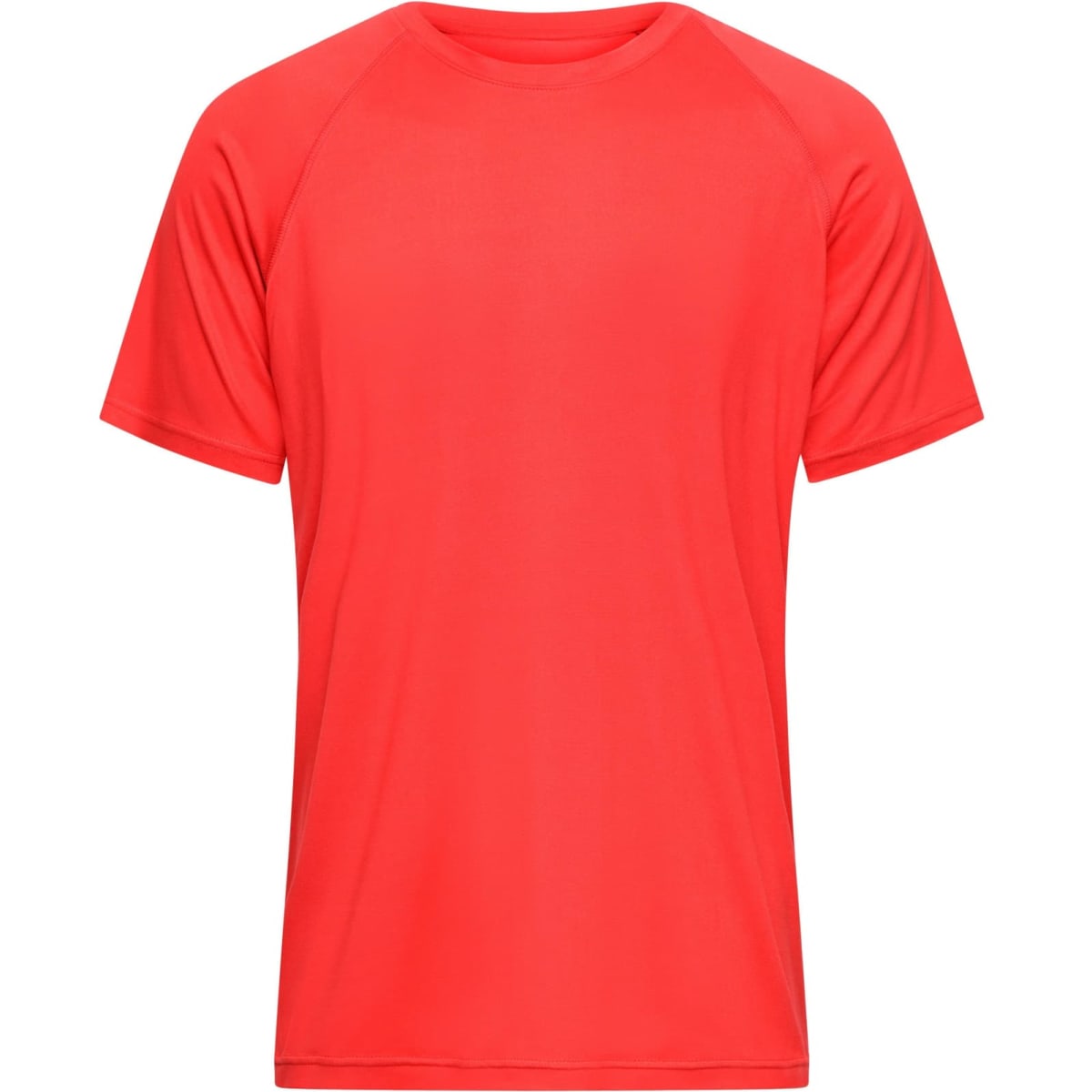 A red sports T-shirt with short sleeves and a round neckline, featuring a logo on the front.