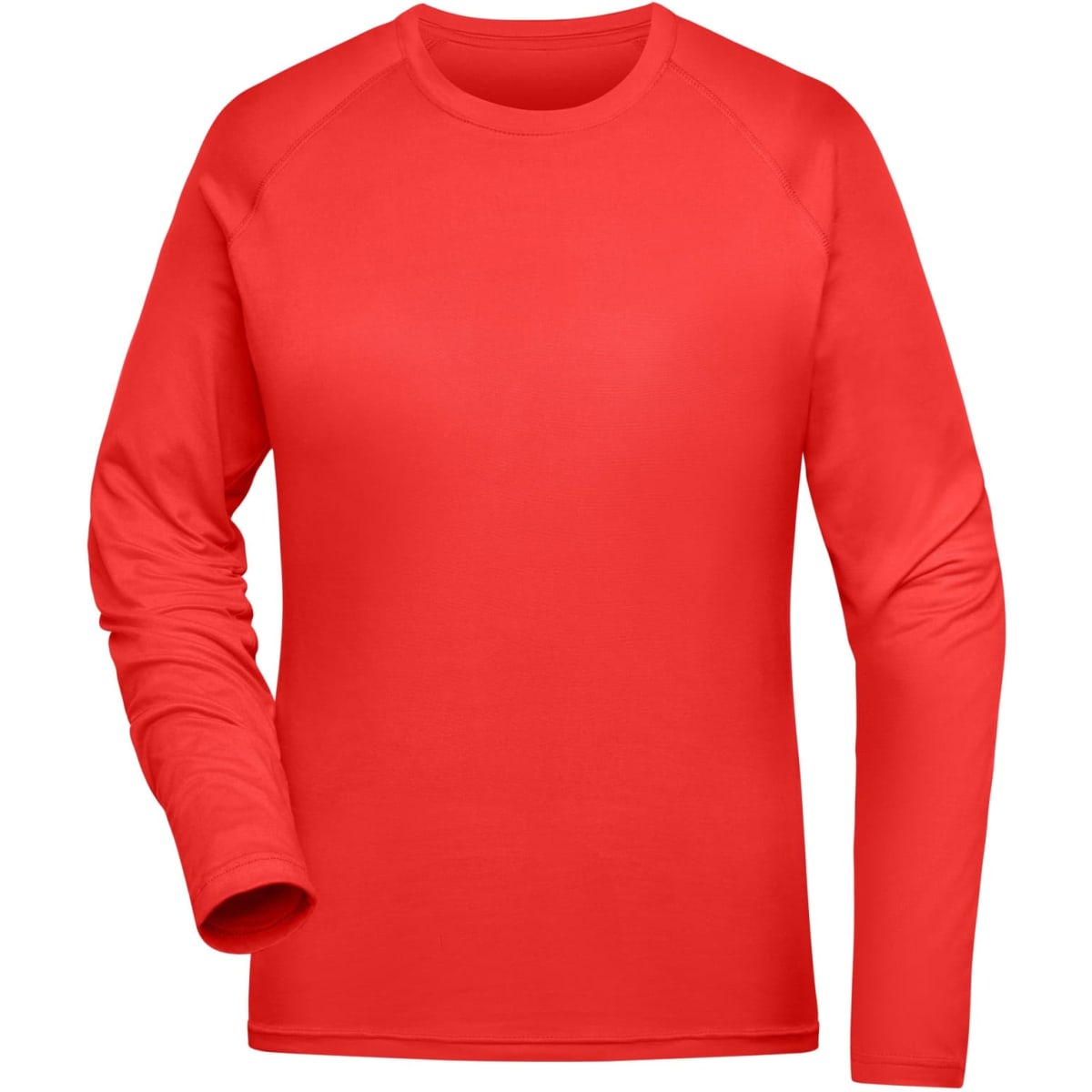 A long-sleeve ladies sports shirt in vibrant red with a simple design and a branding logo.