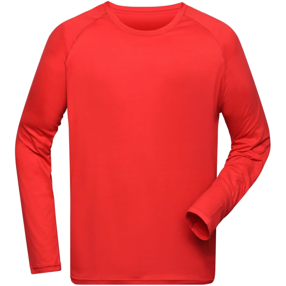 A long-sleeved men's sports shirt in bright red, featuring a logo on the front. Made from lightweight fabric.