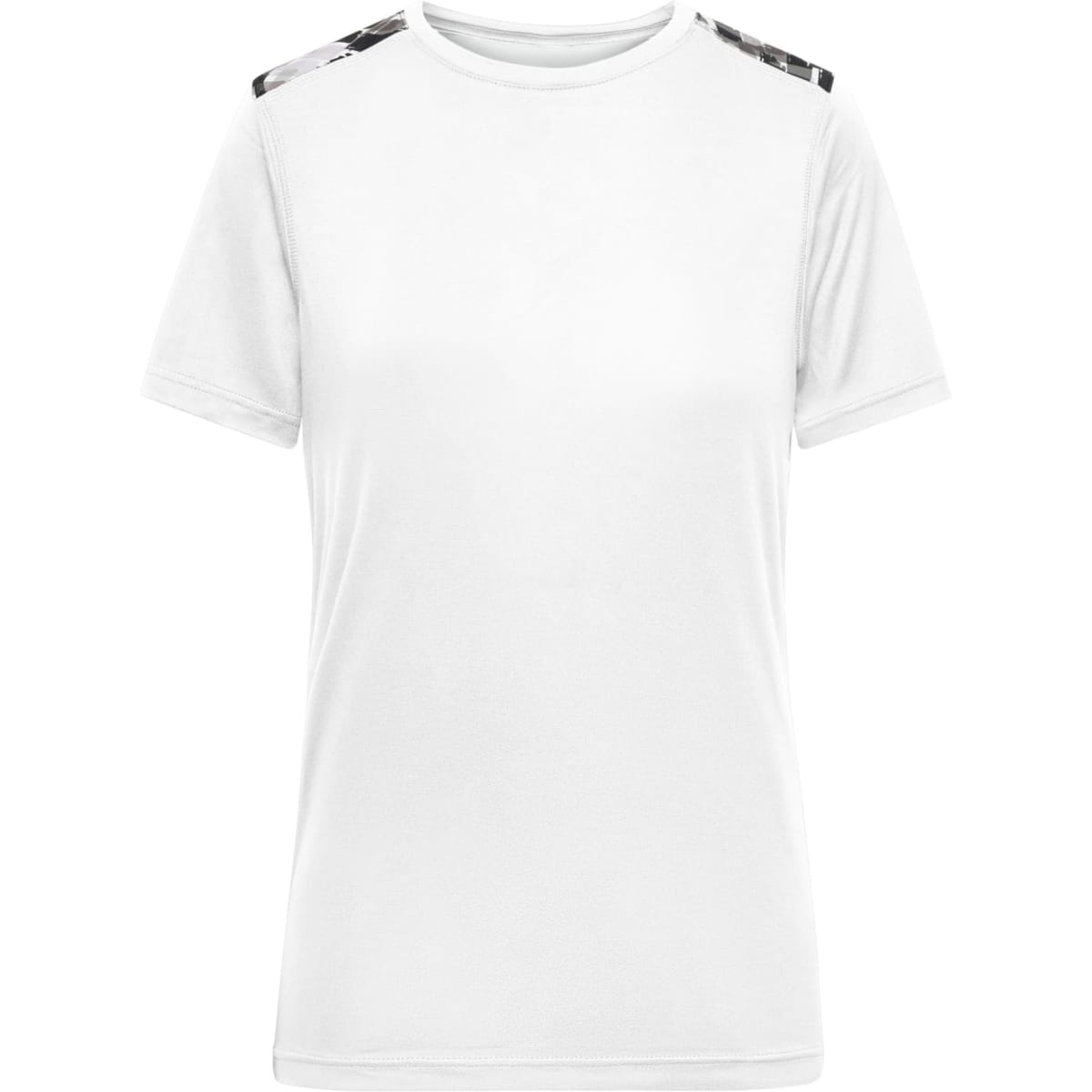 A white ladies sports shirt with decorative detailing on the shoulders and a subtle branding logo.