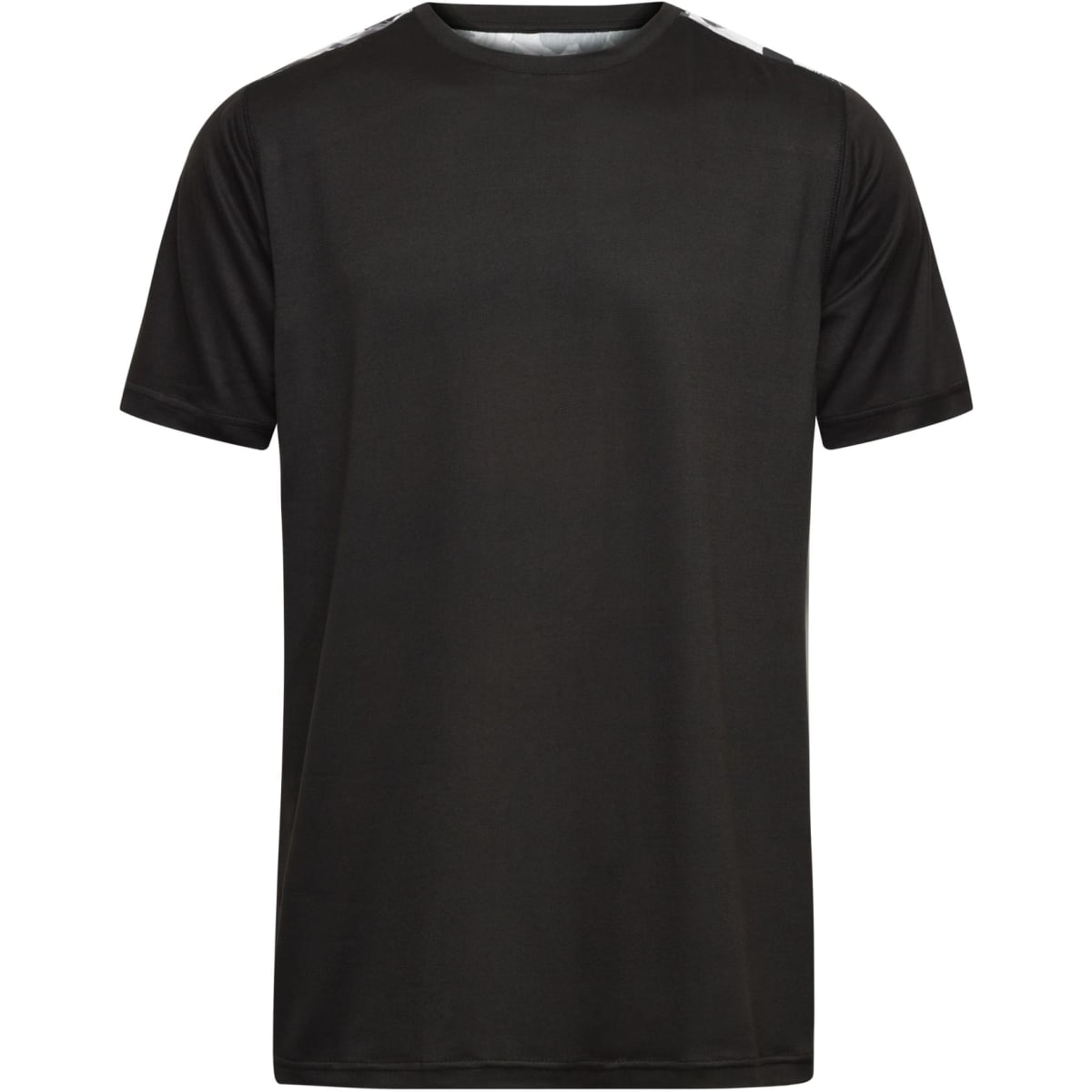 A black men's sports shirt with short sleeves and a logo on the chest.