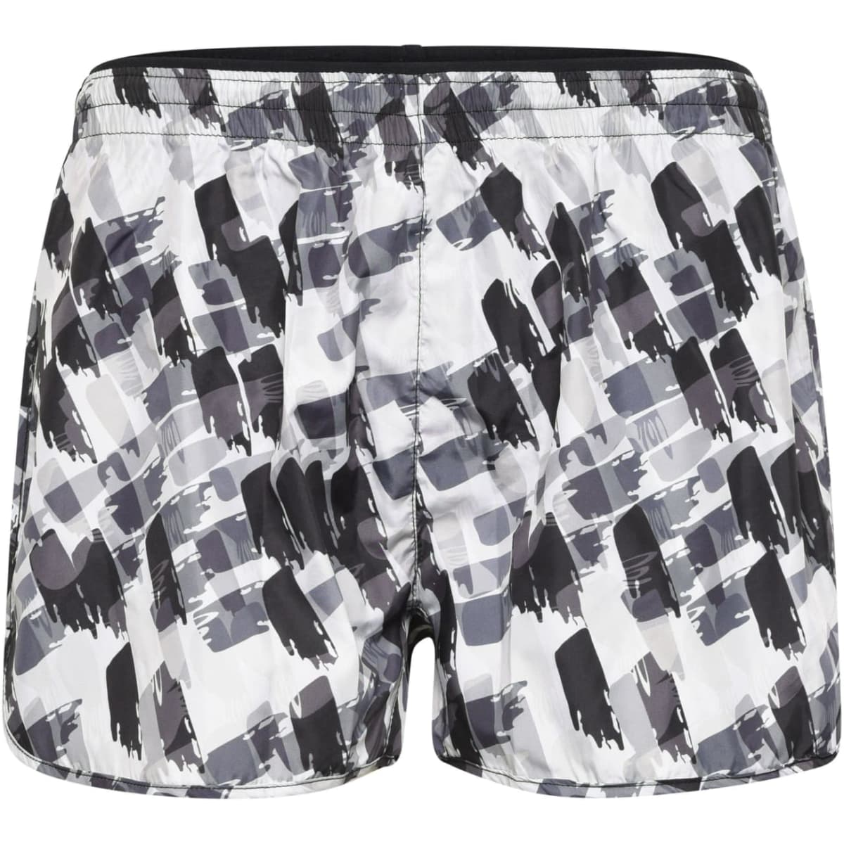A pair of ladies sports shorts in a black and white abstract pattern, featuring an elastic waistband and a logo.