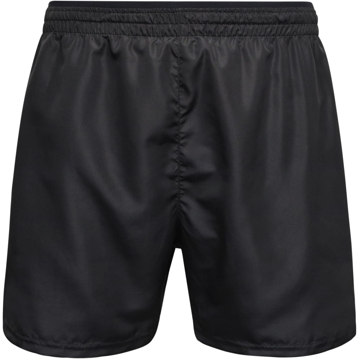 Black men's sports shorts with an elastic waistband and a smooth finish, featuring a branding logo.