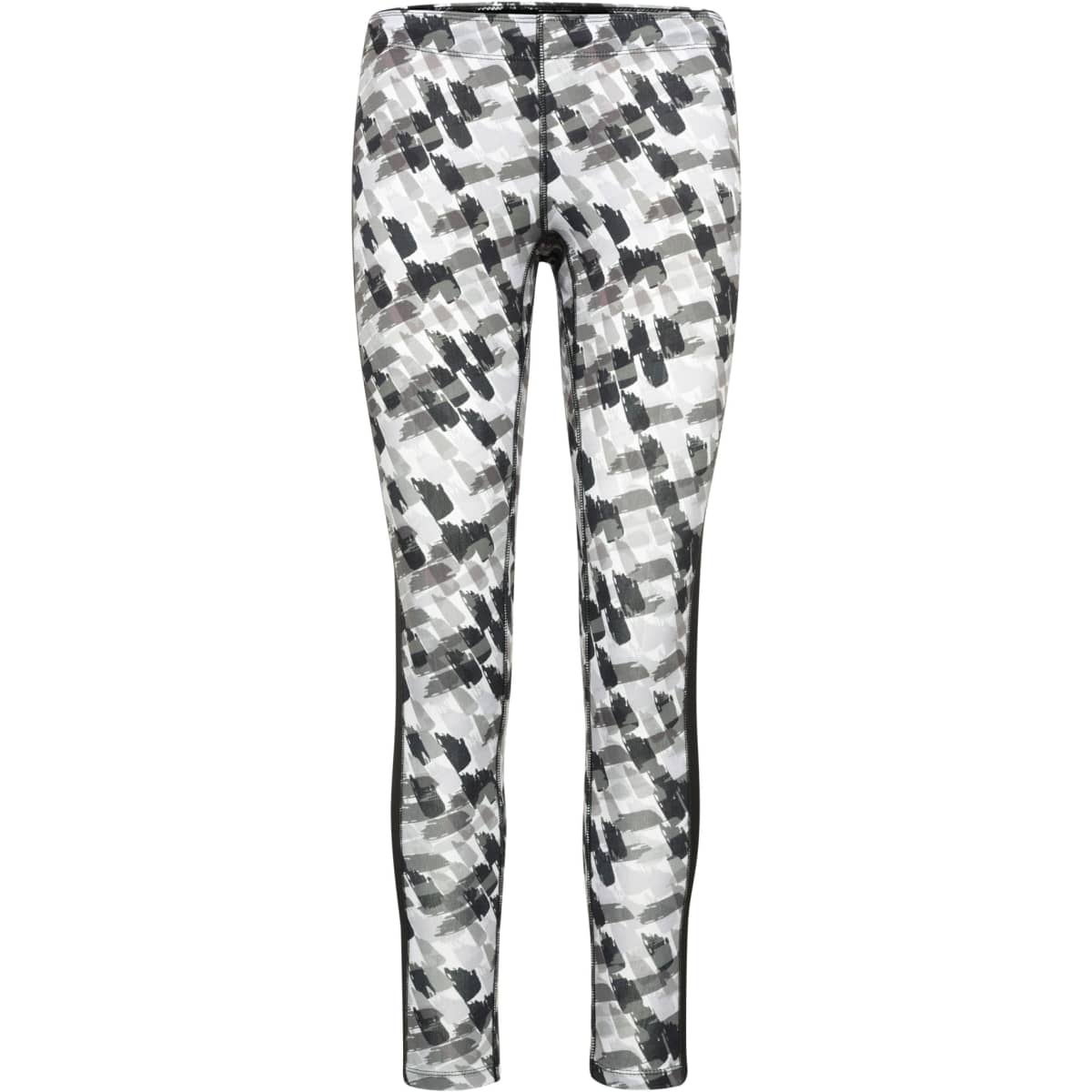 Ladies sports tights in a grey and black abstract pattern, featuring a logo on one side.