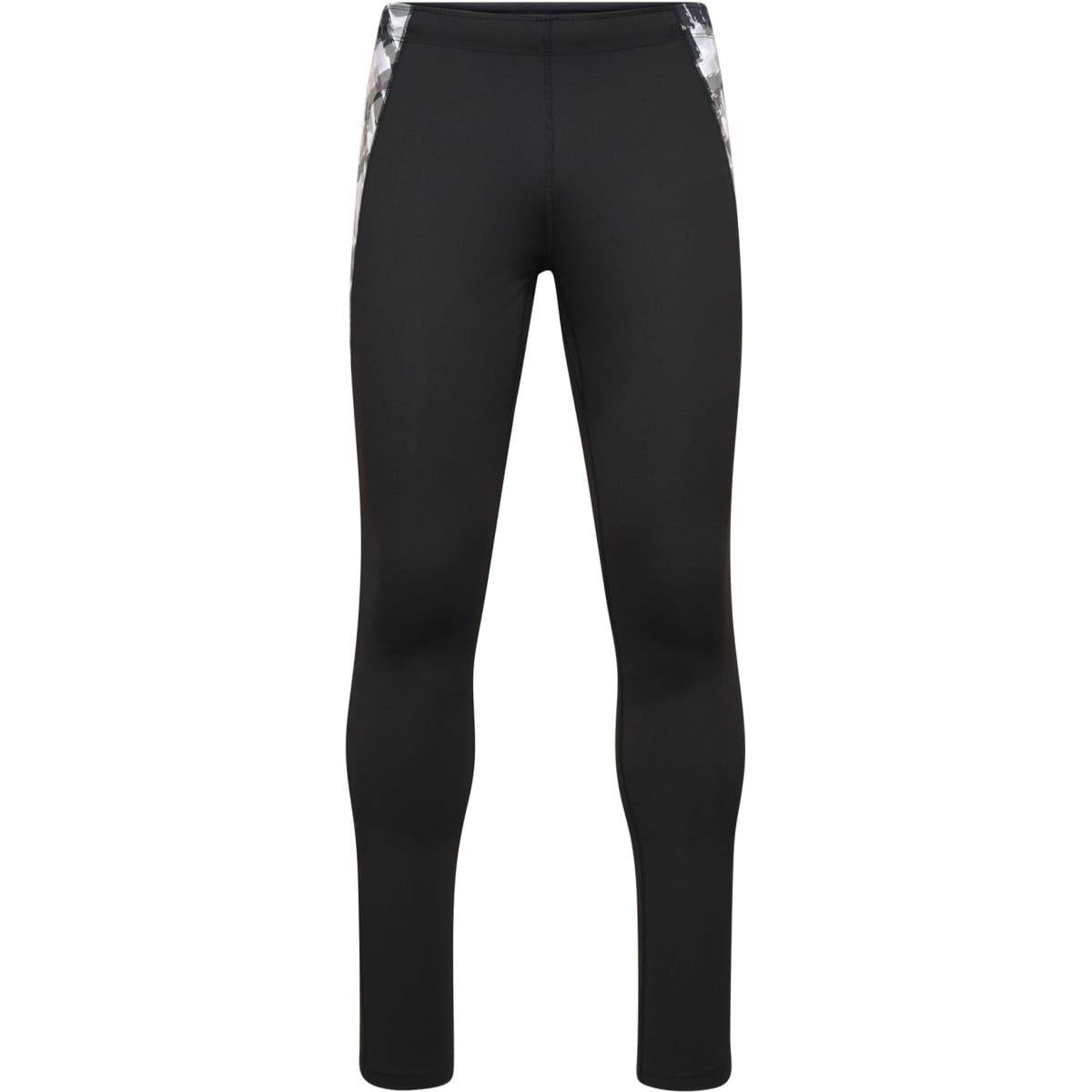 Men’s sports tights in black with patterned side panels; features a logo on the waistband.