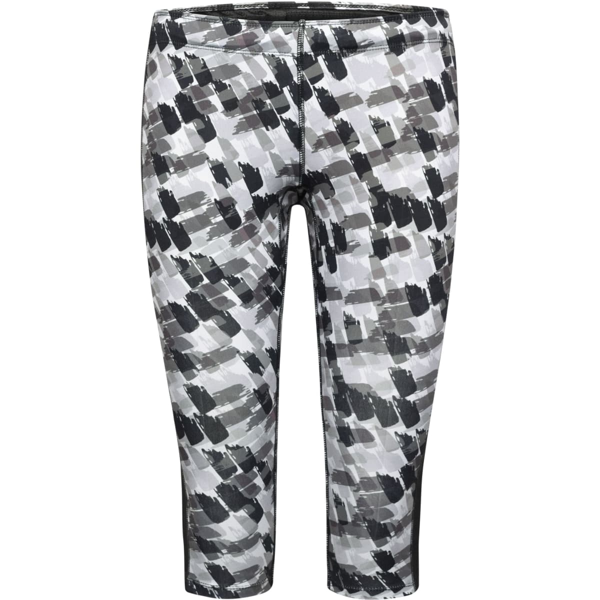 Ladies' 3/4 tights in a grey and black abstract pattern, featuring a logo on the waistband.