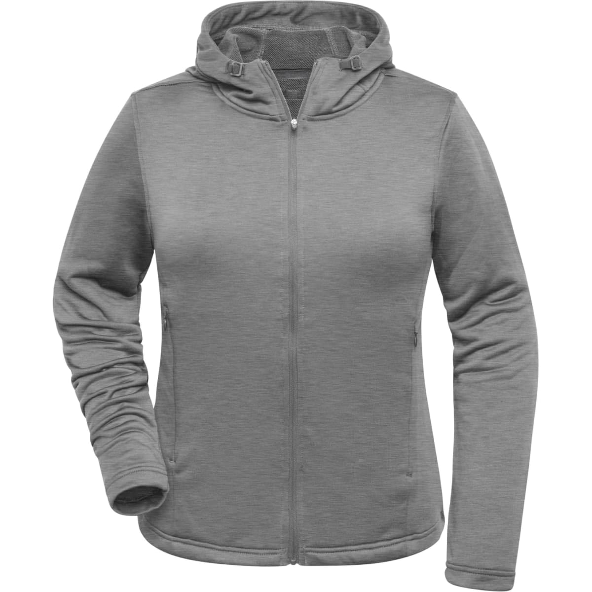 A grey ladies sports zip hoodie featuring a hood and a front zipper. Includes a logo on the garment.