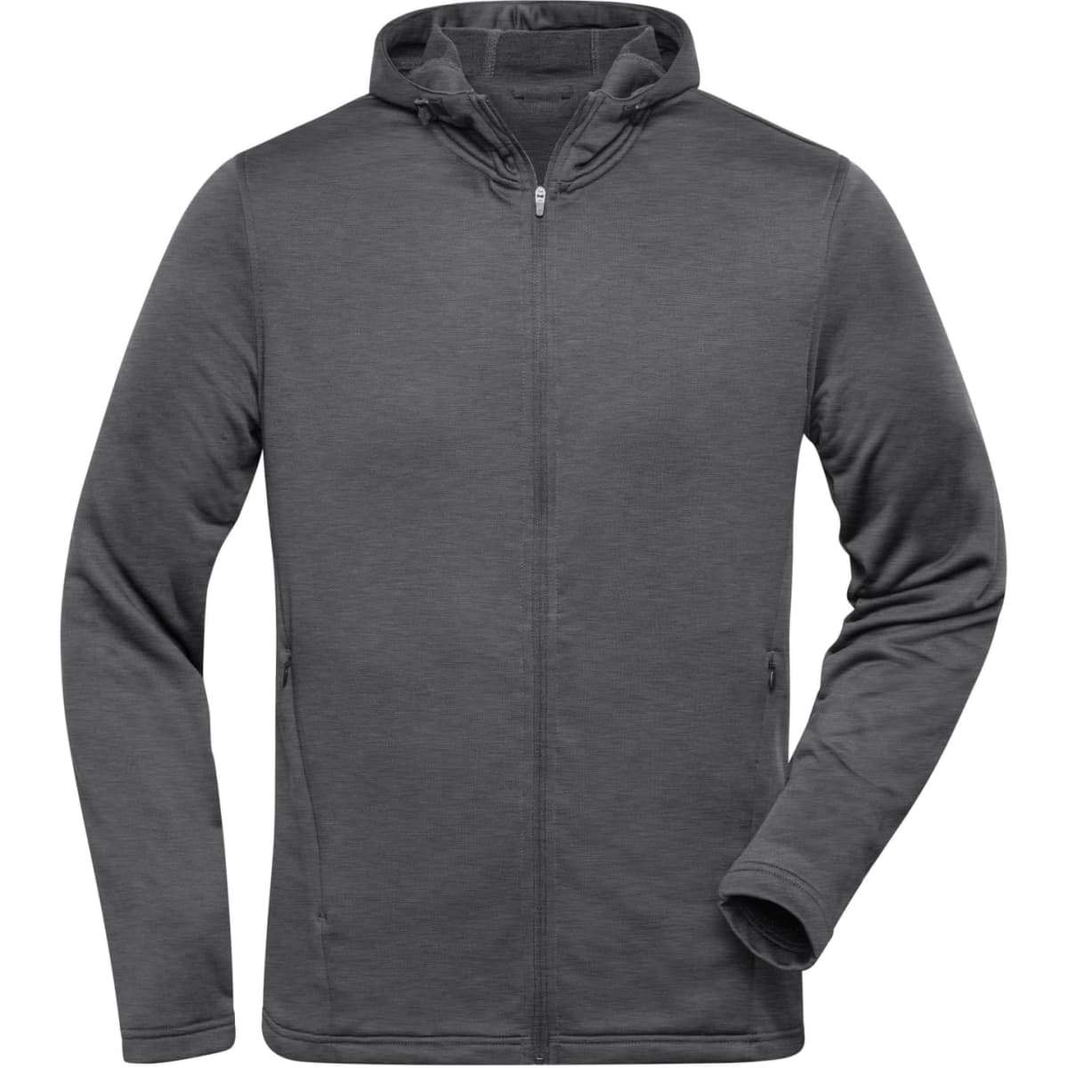 A grey men's sports zip hoodie featuring a front zipper and side pockets, with a logo on it.