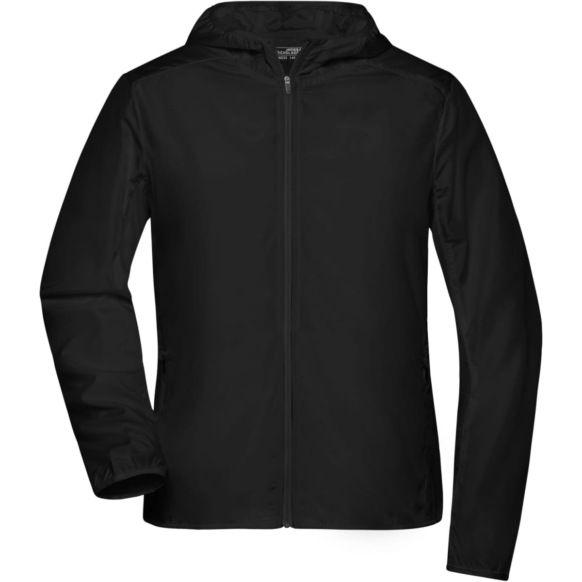 A black ladies sports jacket featuring a zip front and hood, with a logo on the chest.