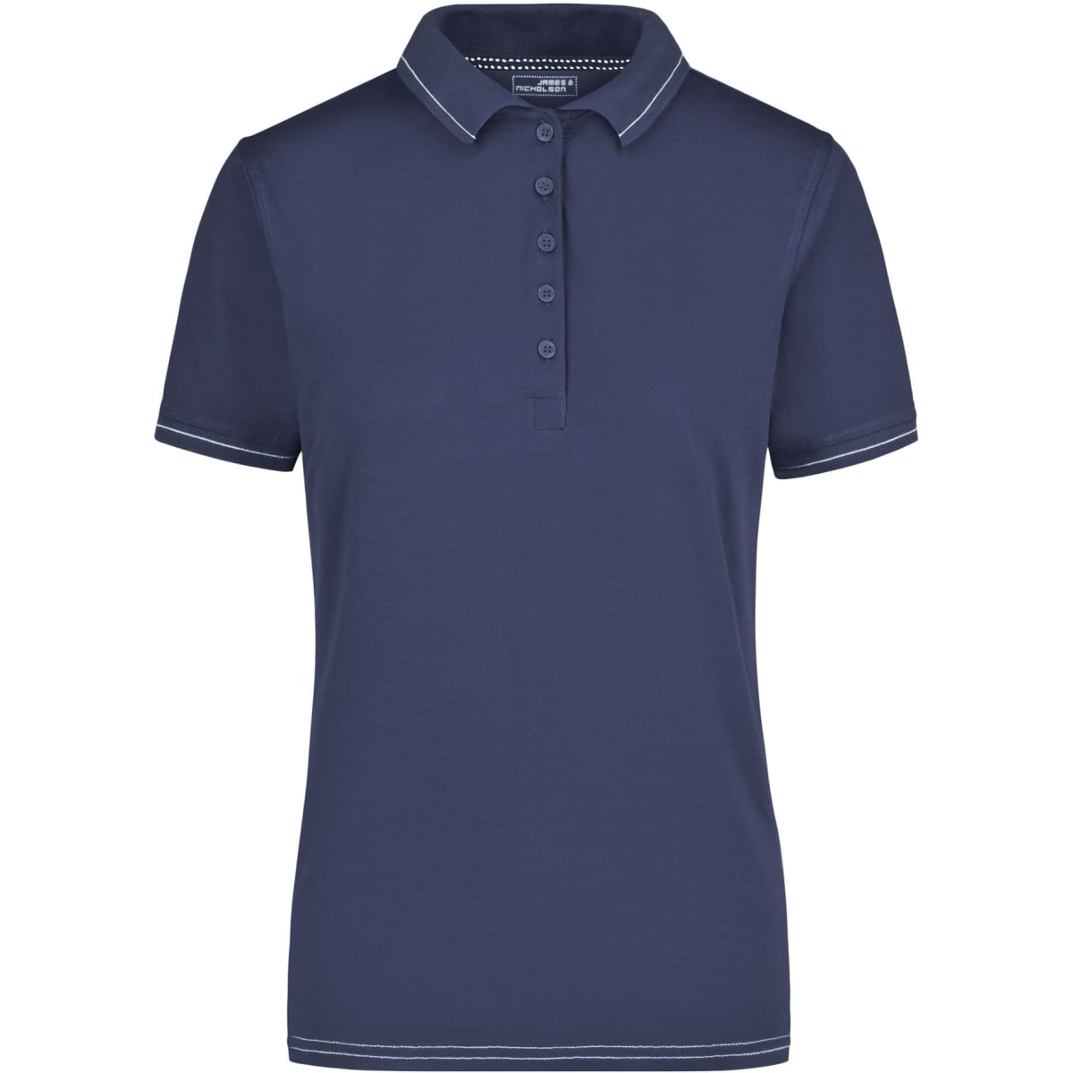 A navy blue ladies' polo shirt featuring a buttoned collar and contrasting trim, with a branding logo.
