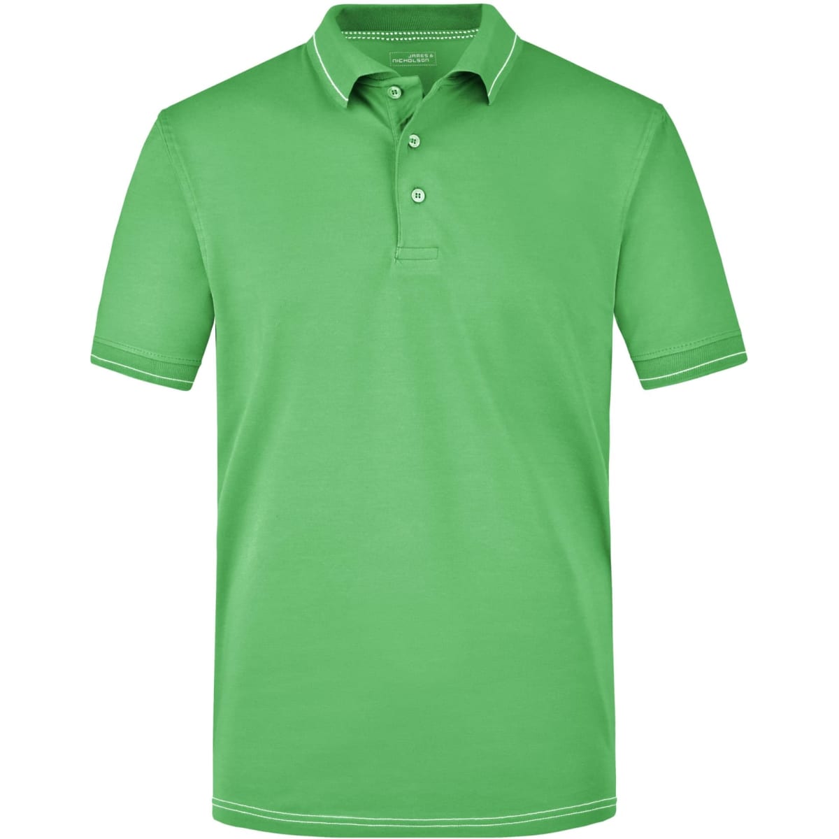 A green men's elastic polo shirt with a classic collar and three buttons, featuring a logo on the chest.