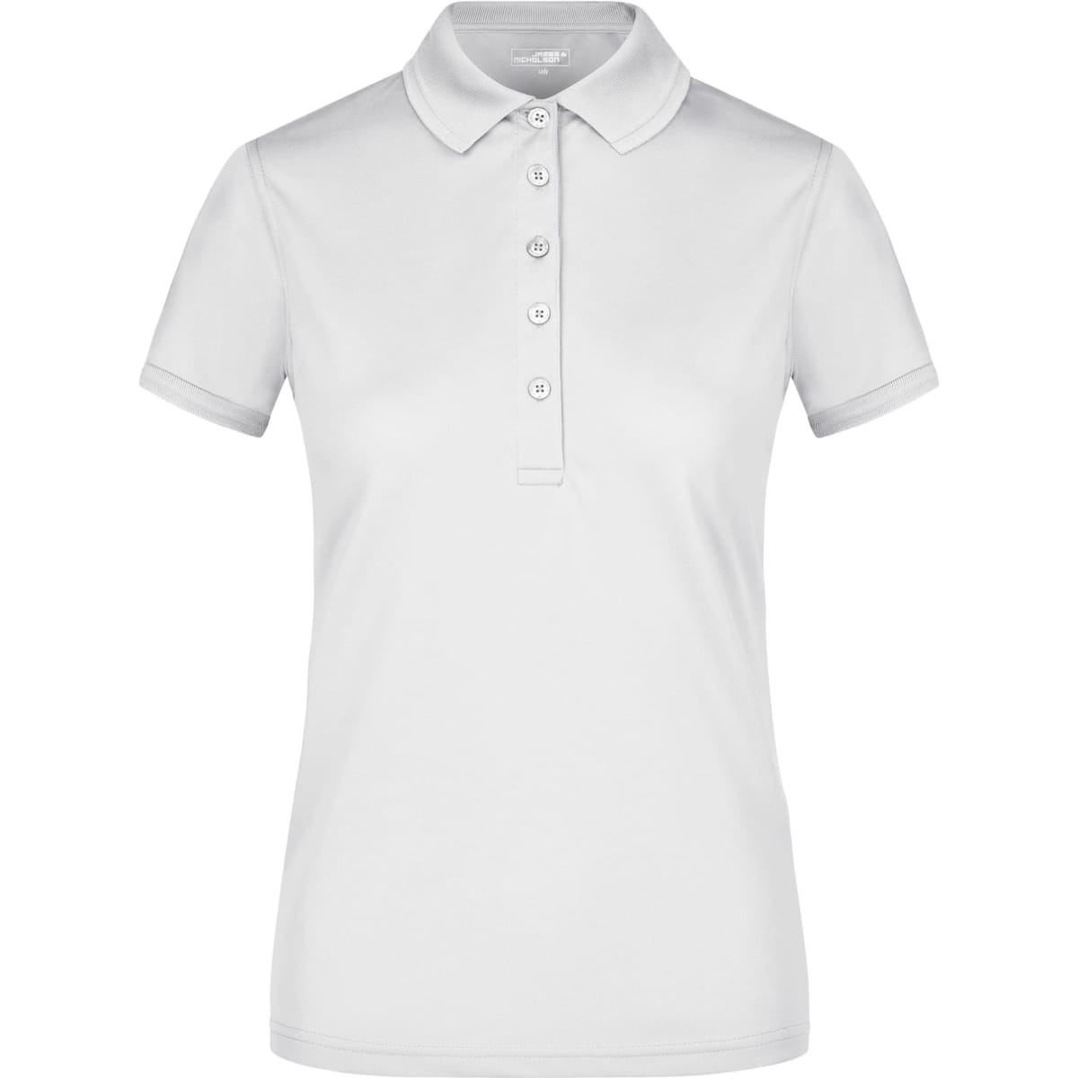 A white ladies' active polo shirt featuring a collar and buttoned placket, with a logo on the chest.