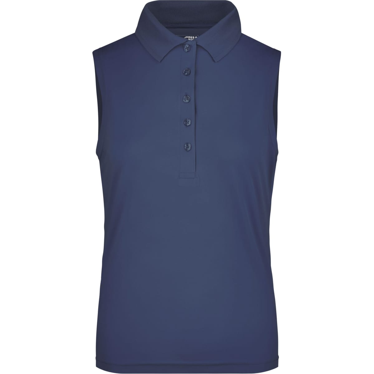A navy sleeveless polo shirt with a collar and button front, featuring a logo on the chest.