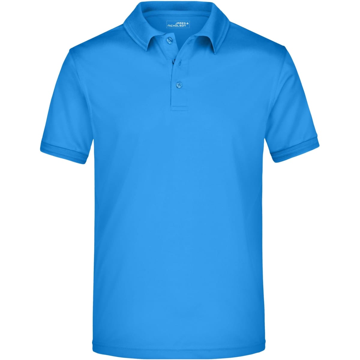 A bright blue men's active polo shirt featuring a classic collar and a logo on the chest.