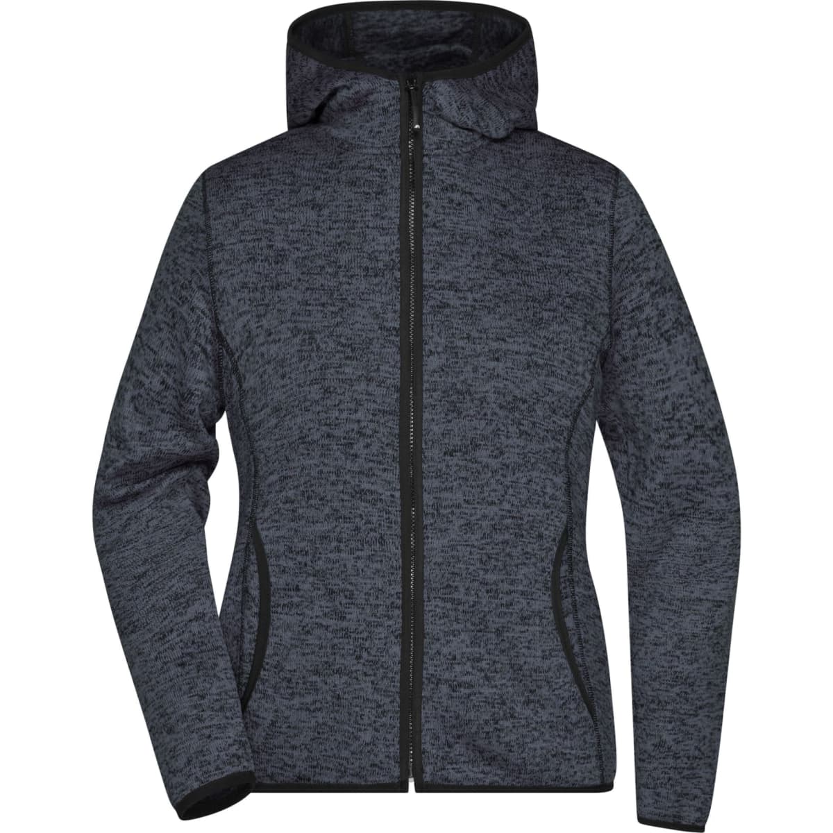 A ladies' knitted fleece hoodie in a dark grey colour with a zip closure and a hood. Features side pockets and branding.
