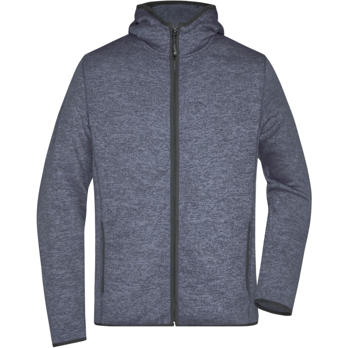A men's knitted fleece hoodie in dark grey with a zip front and hood, featuring a logo on the sleeve.