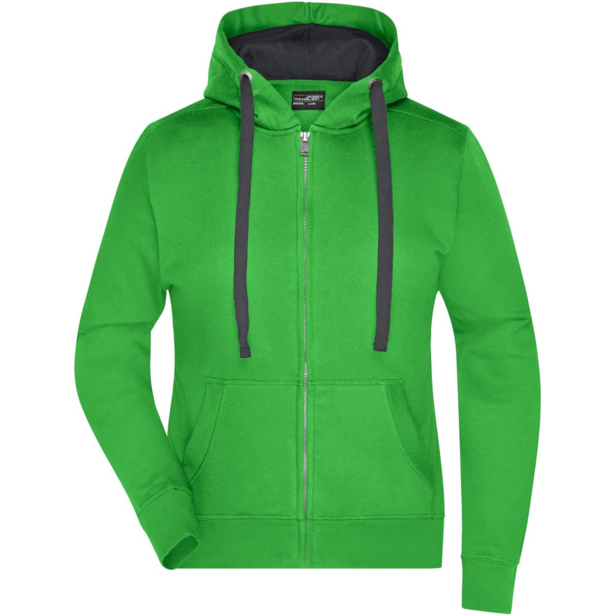 A green hooded jacket with a zip front and grey drawstrings, featuring a hood and pockets.