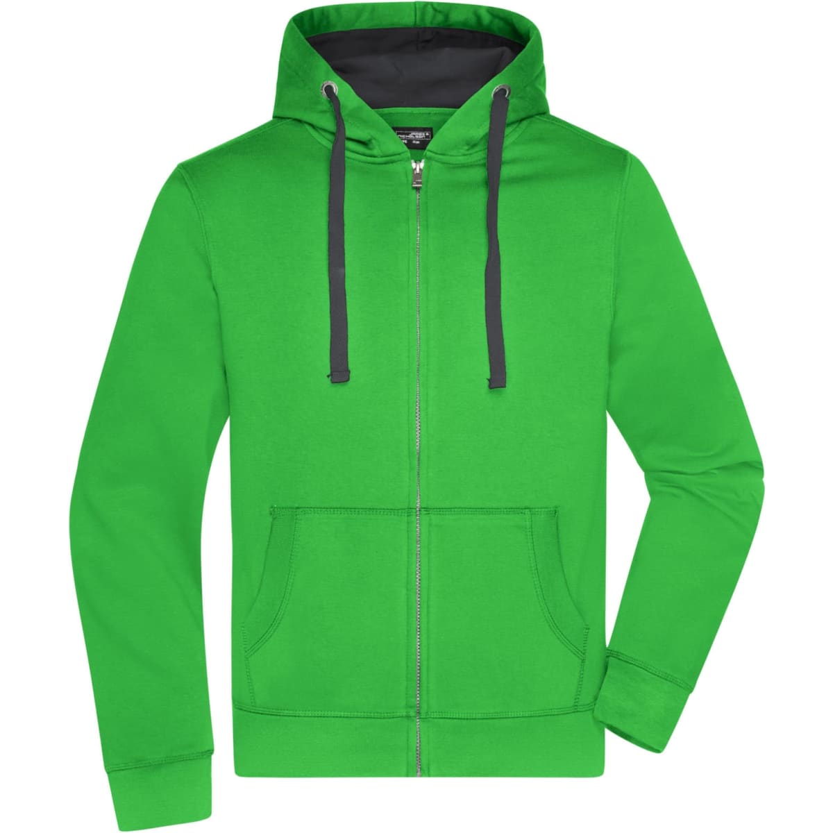 A green men's hooded jacket with a zip front, featuring a dark-toned interior and front pockets.